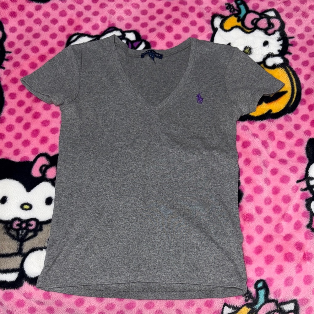 Ralph Lauren Gray V-Neck Tee with Purple Accent size small